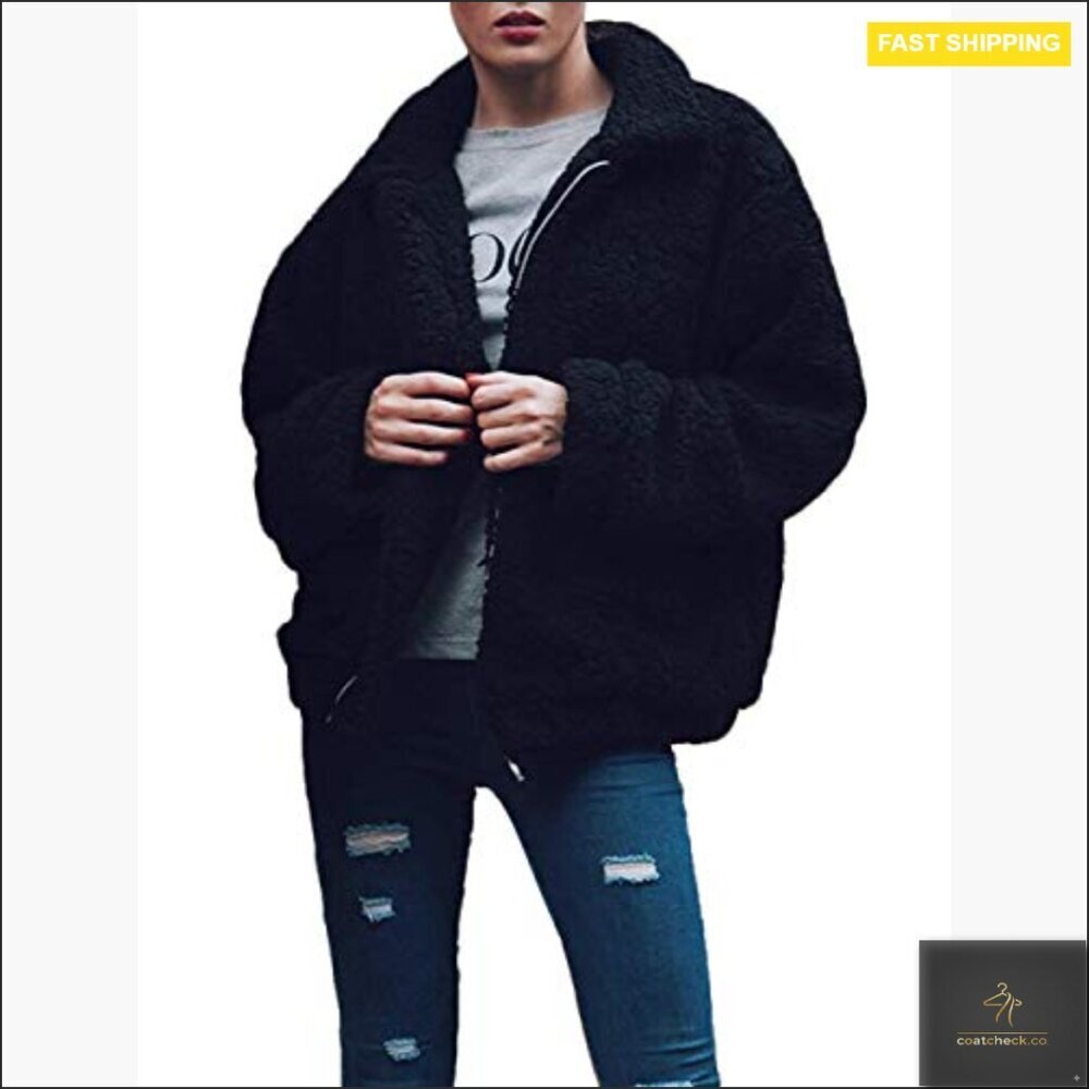 Oversized Faux Fur Fleece Coat Winter Warm Fuzzy Lapel Zipper Jacket Chic - Picture 2 of 7